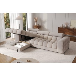 Canapé d'angle convertible FELIX VELOURS en velours beige 5 places, angle gauche (vu de face)