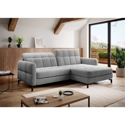 Canapé d'angle convertible en velours gris luxe 3-4 places LORO, angle droit (vu de face)