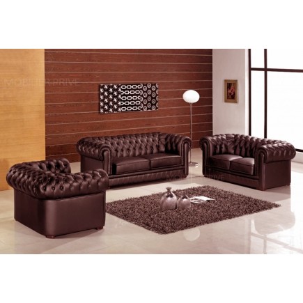 Ensemble 3+2+1, canapé 3 places et canapé 2 places et fauteuil 1 place en cuir luxe italien CHESTERFIELD, chocolat