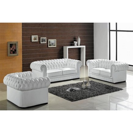 Ensemble 3+2+1, canapé 3 places et canapé 2 places et fauteuil 1 place en cuir luxe italien CHESTERFIELD, blanc