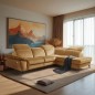 Canapé d'angle avec relax électrique tissu bouclette sensation velours, 5/6 places SINATRA, couleur miel, angle droit