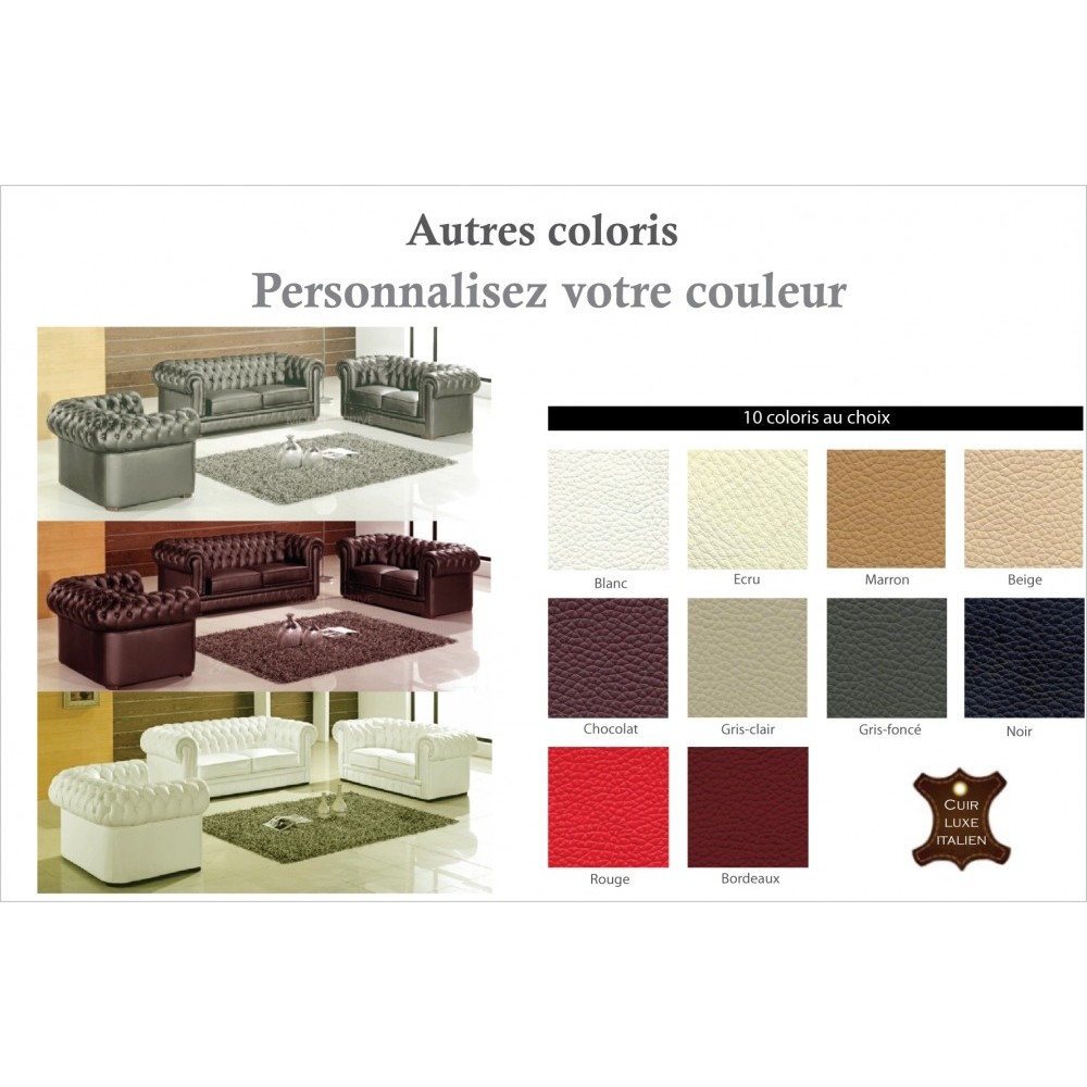 Ensemble 3+2+1, canapé 3 places et canapé 2 places et fauteuil 1 place en cuir luxe italien CHESTERFIELD, couleur personnalisée