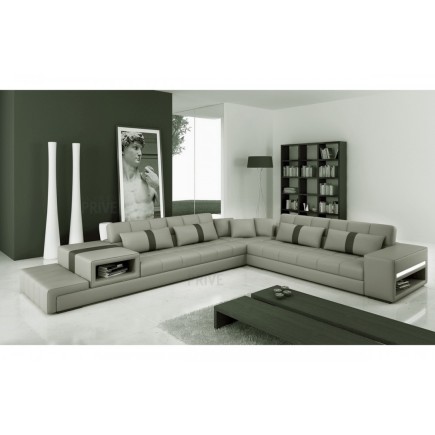 Canapé d'angle en cuir italien 6/7 places PASSION, gris clair / gris foncé