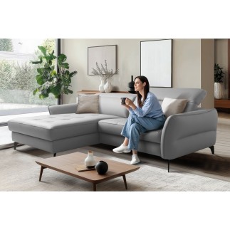 Canapé d'angle convertible en cuir italien luxe 5 places, MANZONI, coffre, gris clair, angle gauche