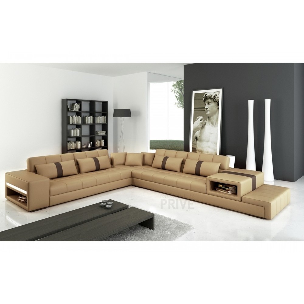 Canapé d'angle en cuir italien 6/7 places PASSION, beige et chocolat, angle gauche