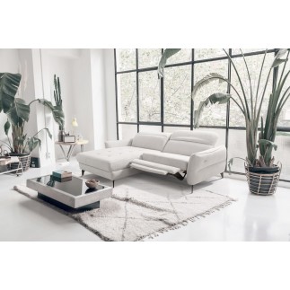 Canapé d'angle convertible en tissu luxe 5 places, MANCINI, coffre, blanc cassé, angle gauche