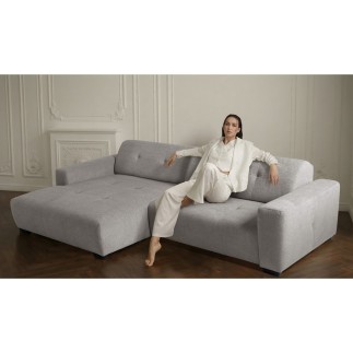 Canapé d'angle profondeur réglable fasano velours luxe gris clair 5 places, angle gauche (vu de face) - Mobilier Privé
