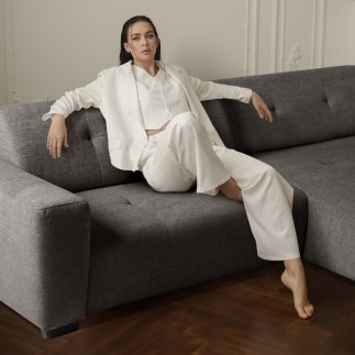 Canapé d'angle profondeur réglable fasano velours luxe gris clair 5 places, angle gauche (vu de face) - Mobilier Privé