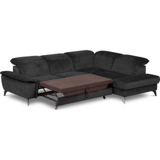 Canapé d'angle convertible en velours luxe - 5 places, SIENNA, noir, angle droit