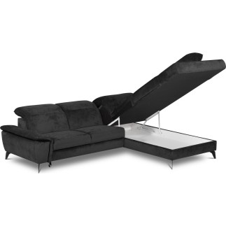 Canapé d'angle convertible en velours luxe - 5 places, SIENNA, noir, angle droit