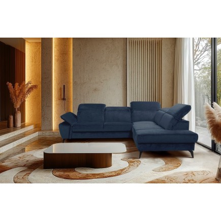 Canapé d'angle convertible en velours luxe - 5 places, SIENNA, bleu foncé, angle droit