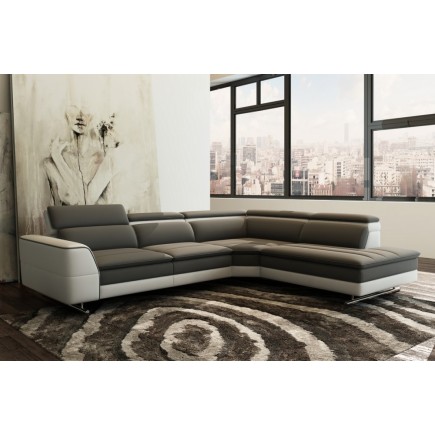 Canapé d'angle en cuir italien 5/6 places RELAXIMO, gris foncé et blanc
