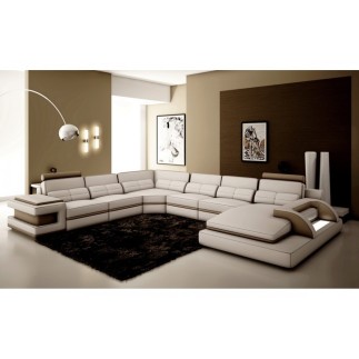 Canapé d'angle en cuir italien 7/8 places BESTOF, blanc et chocolat