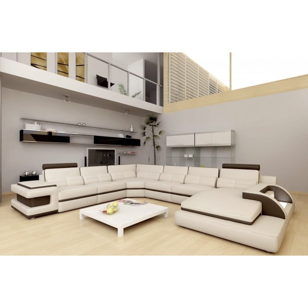 Canapé d'angle en cuir italien 7/8 places BESTOF, ivoire 436 et chocolat, angle gauche