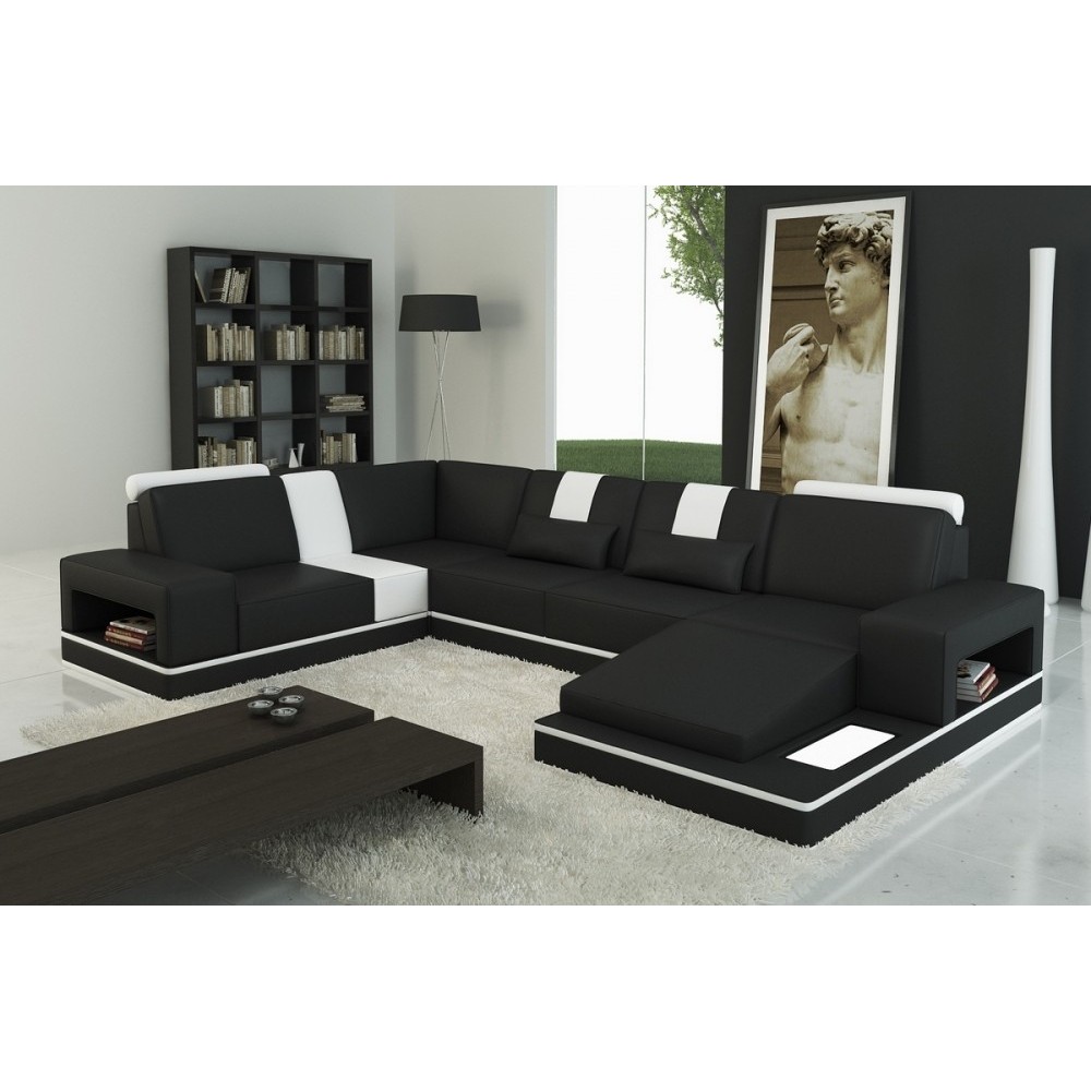 Canapé d'angle en cuir italien 6/7 places SUBLIMO, noir et blanc, angle gauche