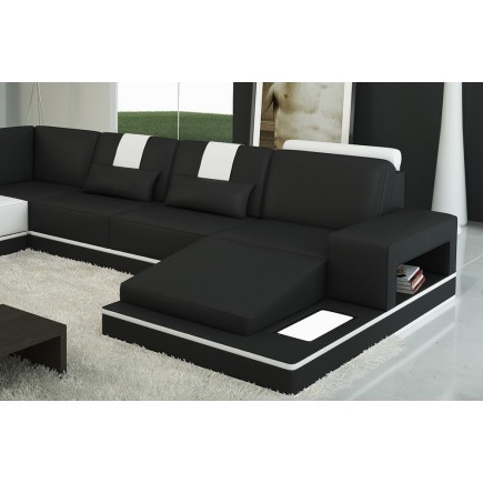 Canapé d'angle en cuir italien 6/7 places SUBLIMO, noir et blanc, angle gauche