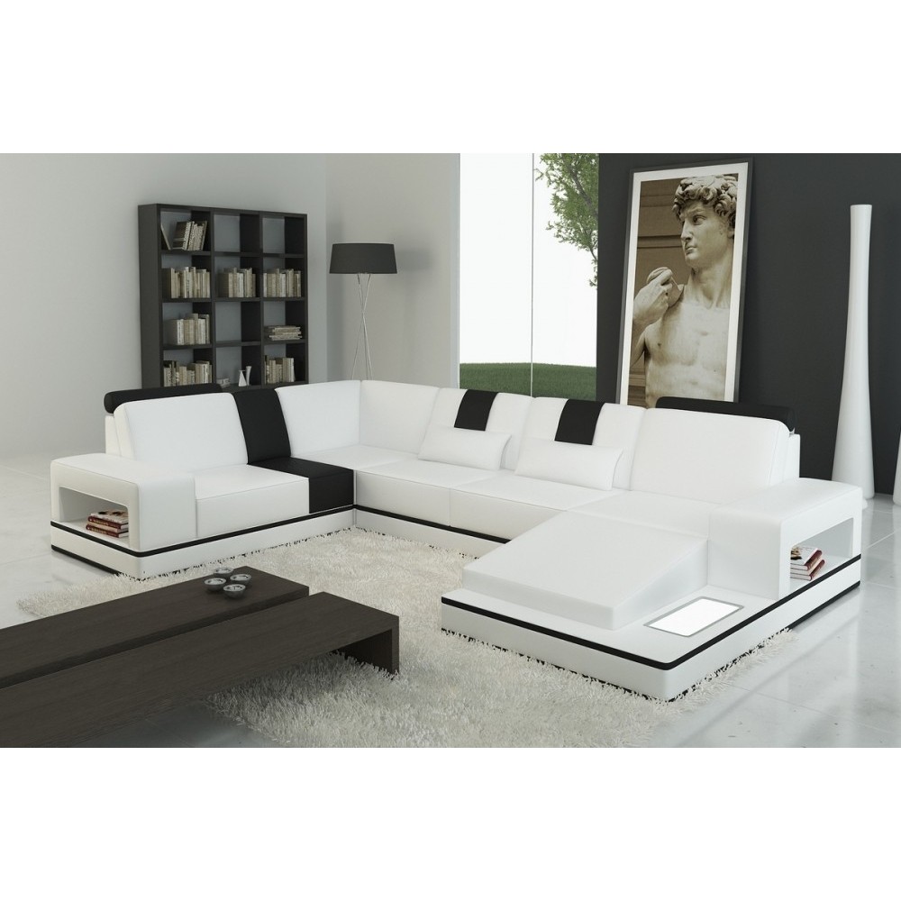 Canapé d'angle en cuir italien 6/7 places SUBLIMO, blanc et noir, angle gauche