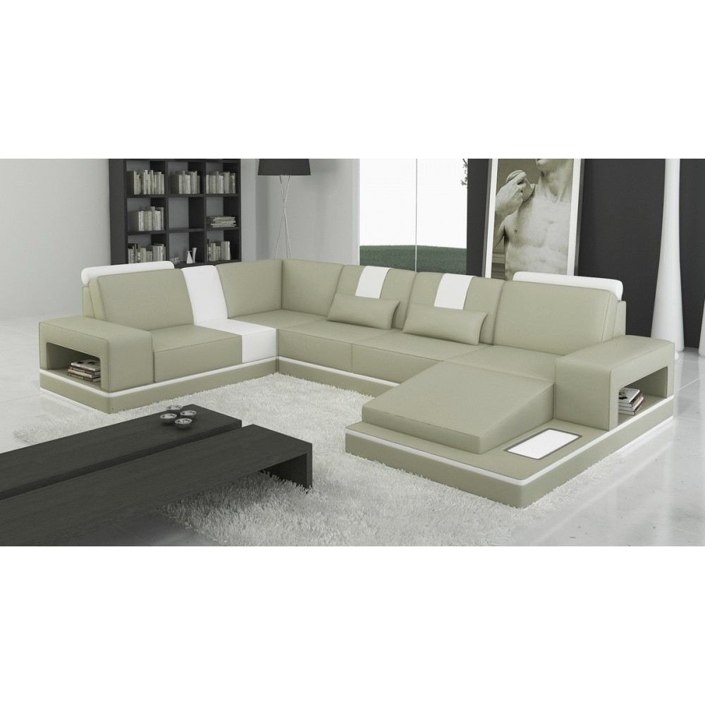 Canapé d'angle en cuir italien 6/7 places SUBLIMO, gris clair et blanc, angle gauche