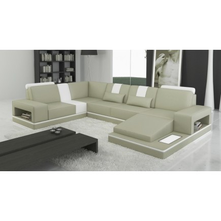 Canapé d'angle en cuir italien 6/7 places SUBLIMO, gris clair et blanc