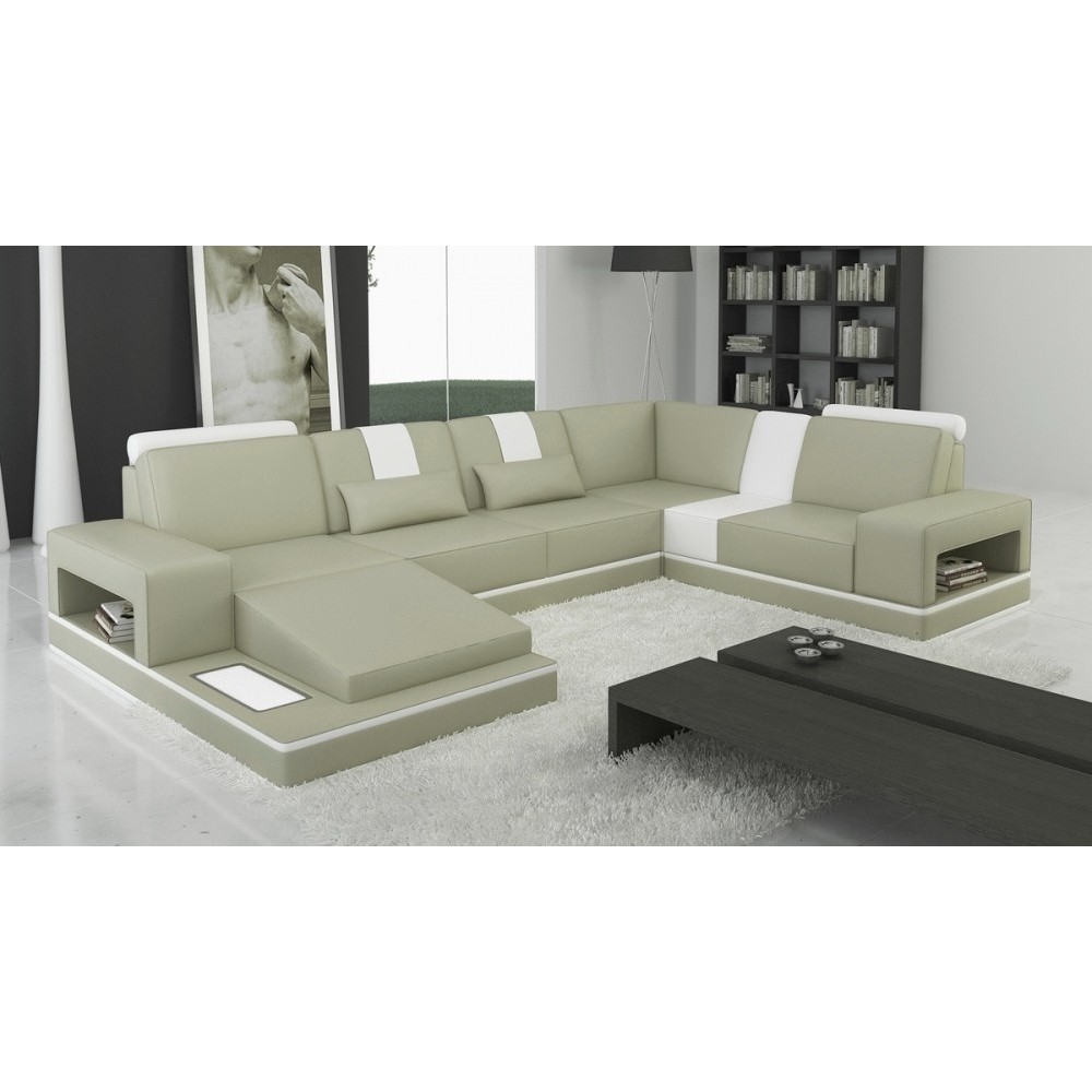 Canapé d'angle en cuir italien 6/7 places SUBLIMO, gris clair et blanc, angle droit