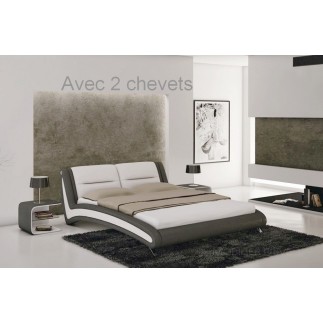 Lit en cuir italien de luxe NIGHTY, blanc / gris foncé avec 2 CHEVETS inclus 140x190