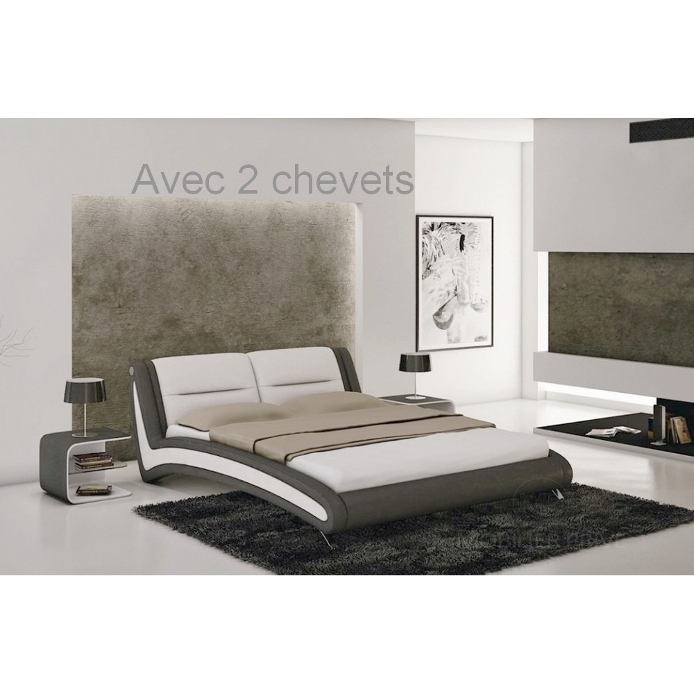 Lit en cuir italien de luxe NIGHTY, blanc / gris foncé avec 2 CHEVETS inclus 140x190