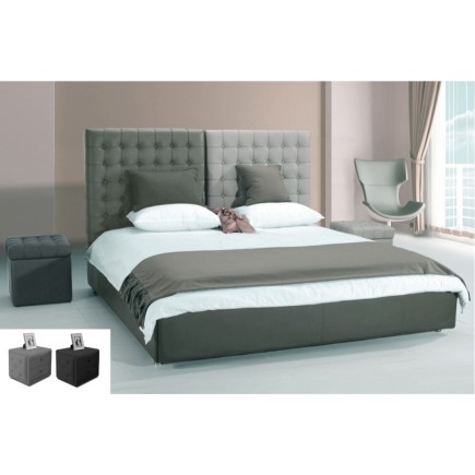 Lit en cuir italien de luxe DUO, gris clair et gris foncé avec 2 chevets ILMA