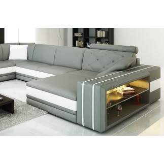 Canapé d'angle en cuir italien 8 places BENTLEY, gris clair et blanc, angle gauche