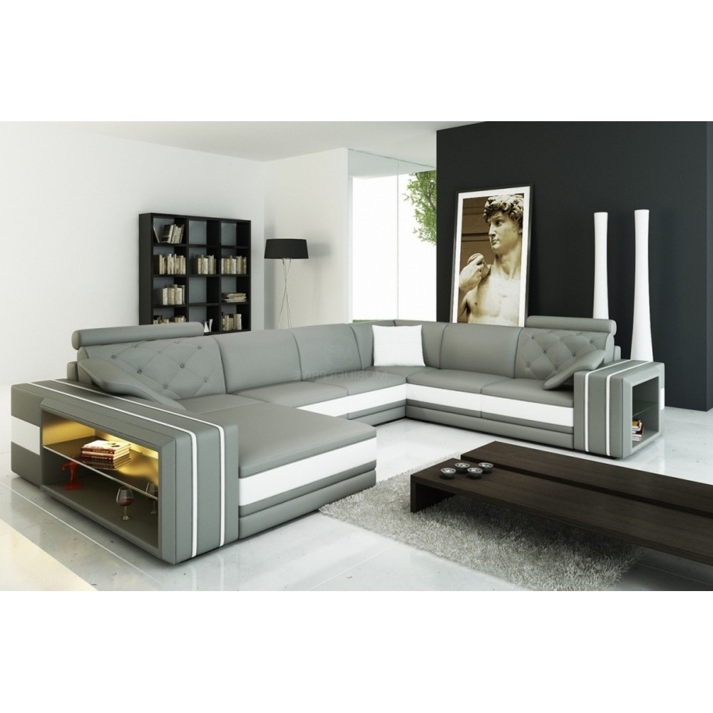 Canapé d'angle en cuir italien 8 places BENTLEY, gris clair et blanc, angle droit Canapé d'angle en cuir italien 8 places BENTLEY, gris clair et blanc, angle droit