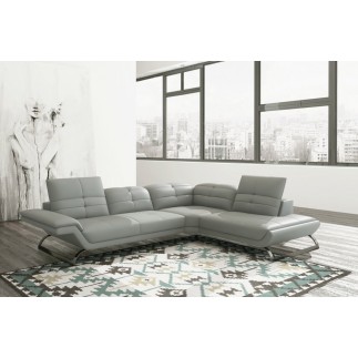 Canapé d'angle en 100% tout cuir italien 5 places MODERNI, gris clair pastel, pieds gris chromé, angle droit