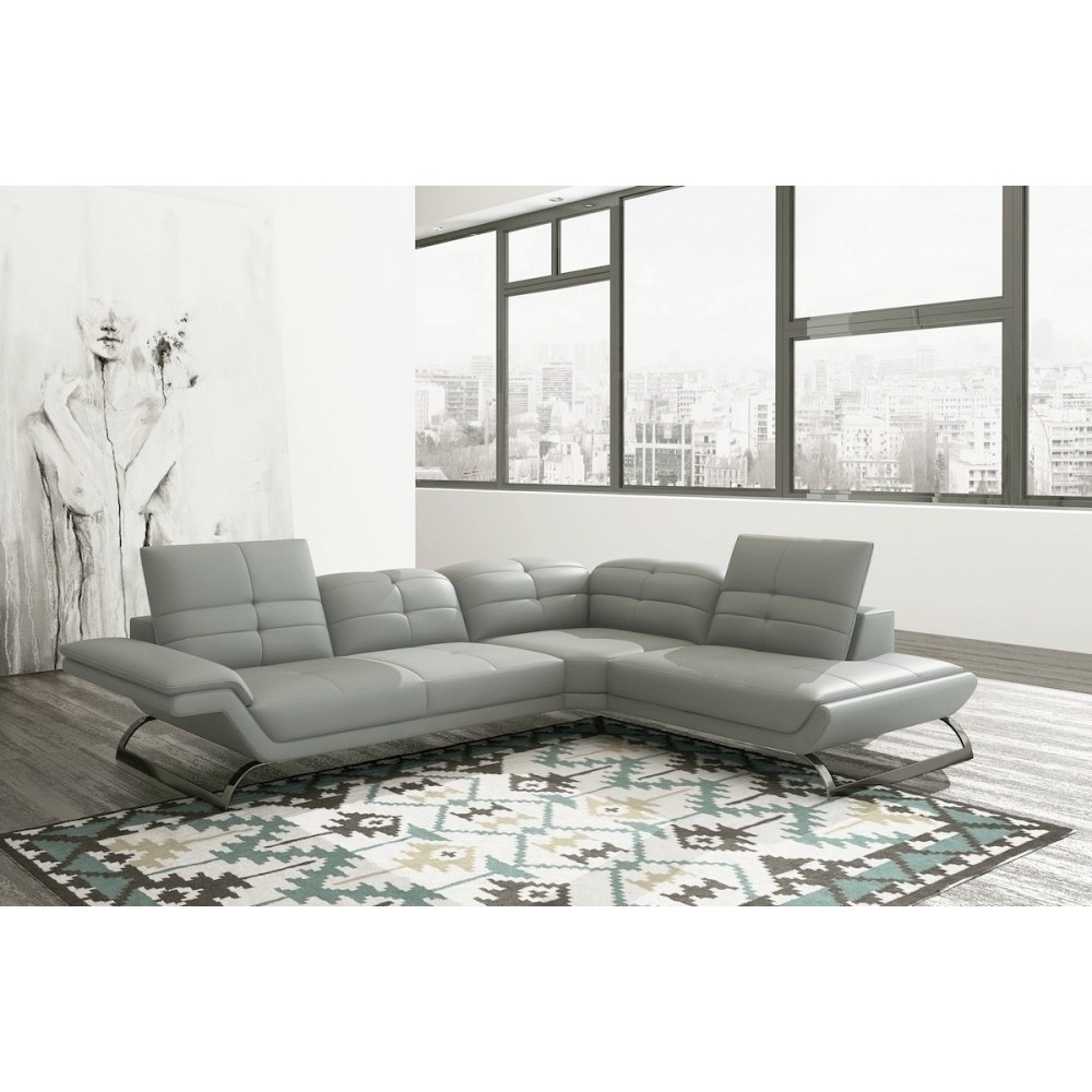 Canapé d'angle en 100% tout cuir italien 5 places MODERNI, gris clair pastel, pieds gris chromé, angle droit