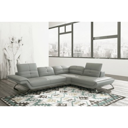 Canapé d'angle en 100% tout cuir italien 5 places MODERNI, gris clair pastel, pieds gris chromé, angle droit