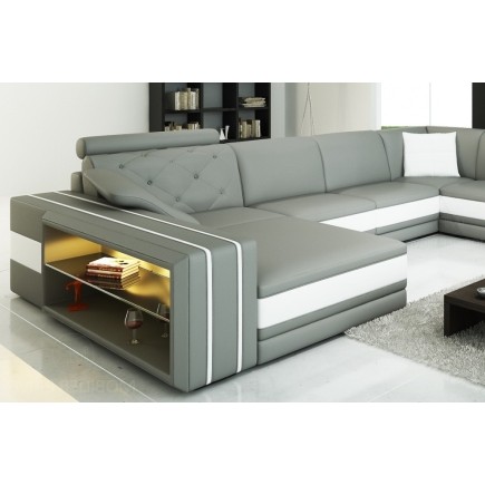 Canapé d'angle en cuir italien 8 places BENTLEY, gris clair et blanc, angle droit