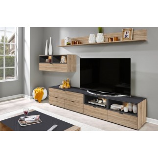 Mur TV design finition chêne et anthracite, YANSEN avec verre sur meuble bas