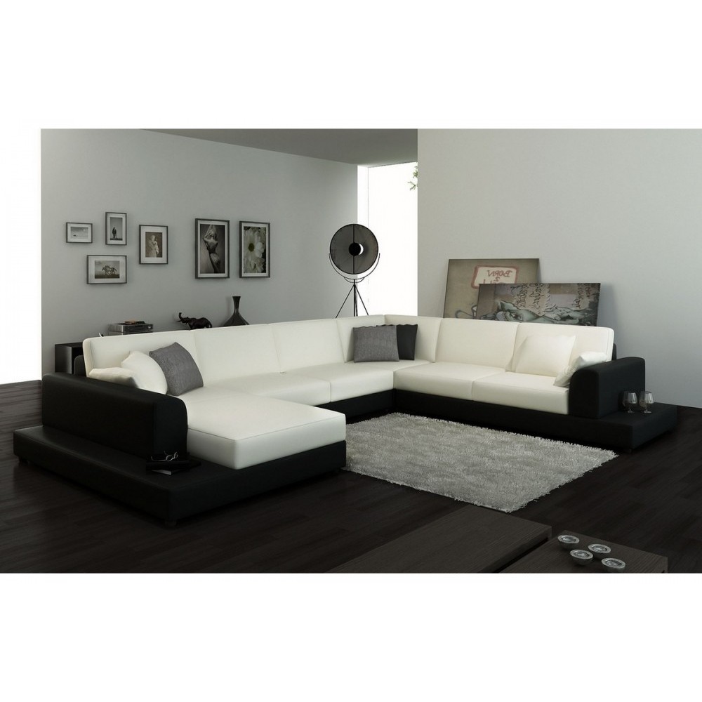 Canapé d'angle en cuir italien 6/7 places PERLA, blanc et noir, angle droit