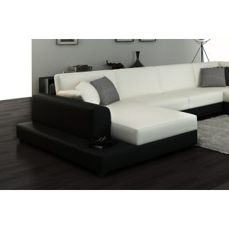 Canapé d'angle en cuir italien 6/7 places PERLA, blanc et noir, angle droit