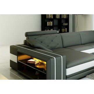 Canapé d'angle en cuir italien 8 places BENTLEY, gris foncé et blanc, angle droit