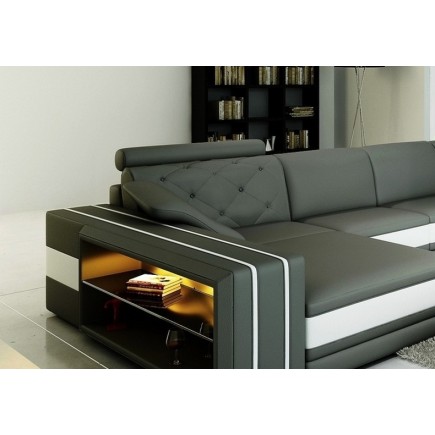 Canapé d'angle en cuir italien 8 places BENTLEY, gris foncé et blanc, angle droit