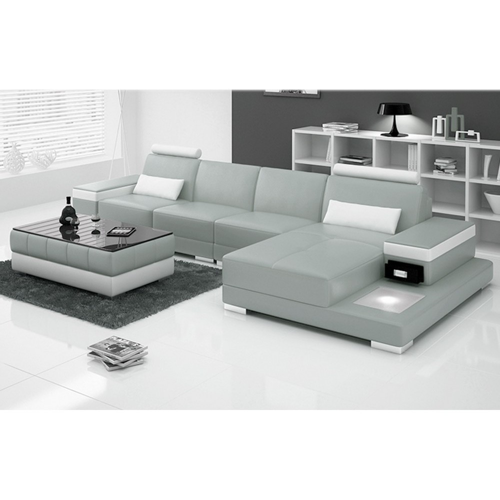 Canapé d'angle en cuir italien 5 places ENZO, gris et blanc, Gris Clair / Blanc, angle droit