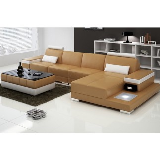 Canapé d'angle en cuir italien 5 places ENZO, beige et blanc