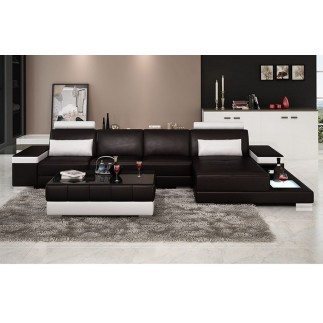 Canapé d'angle en cuir italien 5 places ENZO, beige et blanc, angle droit