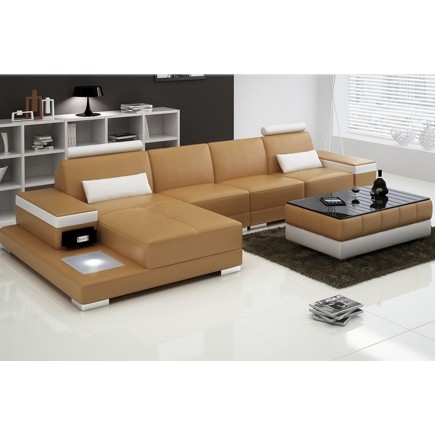 Canapé d'angle en cuir italien 5 places ENZO, beige et blanc