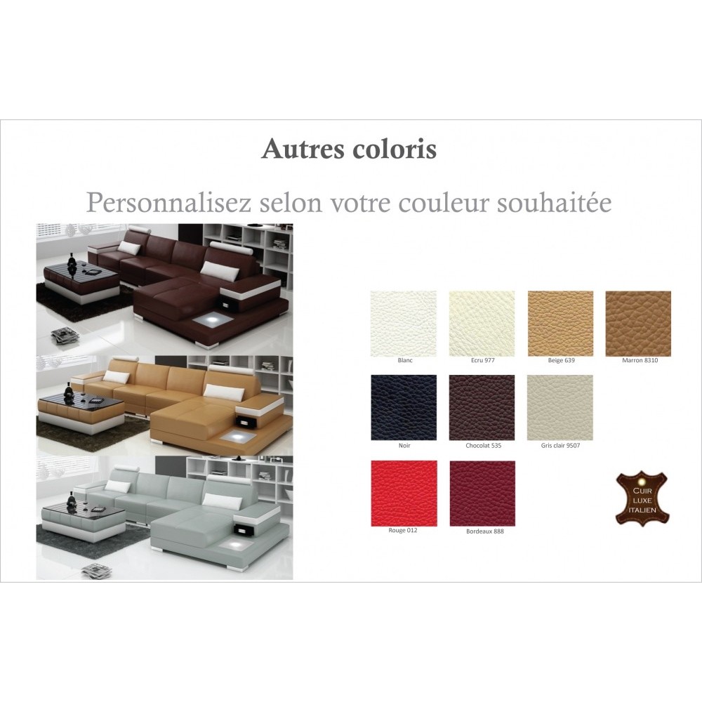 Canapé d'angle en cuir italien 5 places ENZO, couleur personnalisé, angle droit