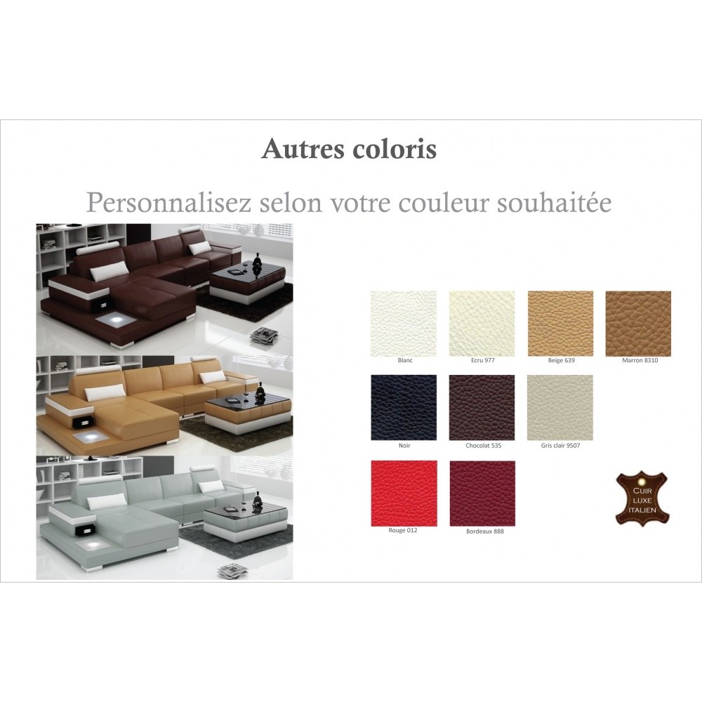 Canapé d'angle en cuir italien 5 places ENZO, couleur personnalisé, angle gauche