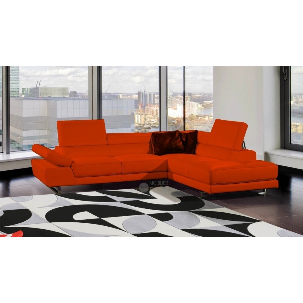 Canapé d'angle en 100% tout cuir italien 5/6 places HELSINKI II, orange, angle droit