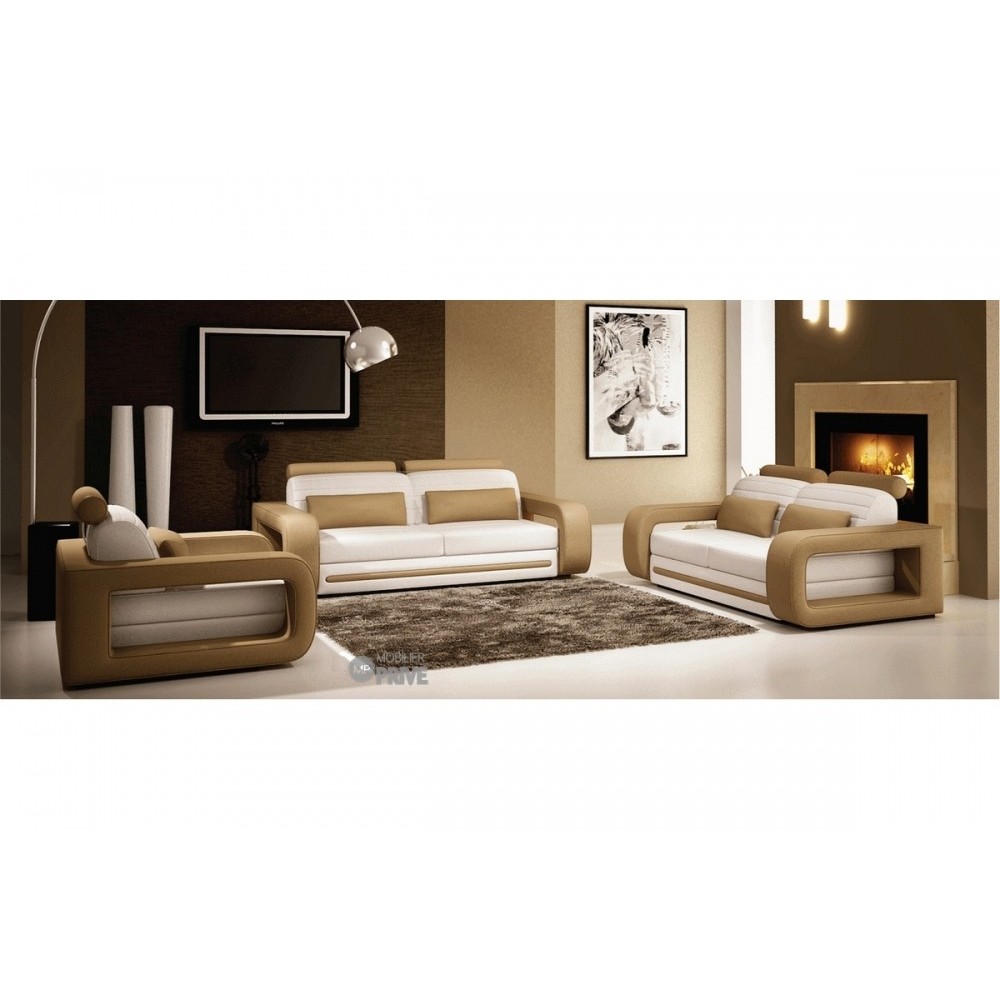 Ensemble composé d'un 2 places et deux fauteuils en 100% cuir italien, blanc et marron, FARNIENTE