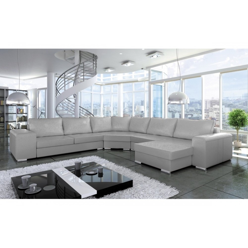 Canapé d'angle convertible ASTORE en simili cuir de qualité, blanc, Gris clair, 7/8 places, angle gauche
