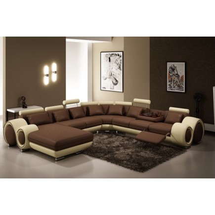 Canapé d'angle en cuir italien 8 places CARLTON, chocolat et beige