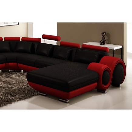 Canapé d'angle en cuir italien 8 places CARLTON, noir et rouge, angle gauche