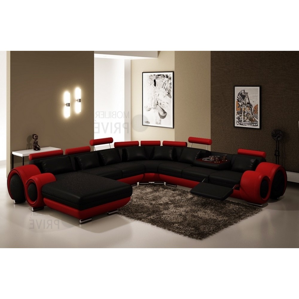 Canapé d'angle en cuir italien 8 places CARLTON, noir et rouge, angle droit Canapé d'angle en cuir italien 8 places CARLTON, noir et rouge, angle droit